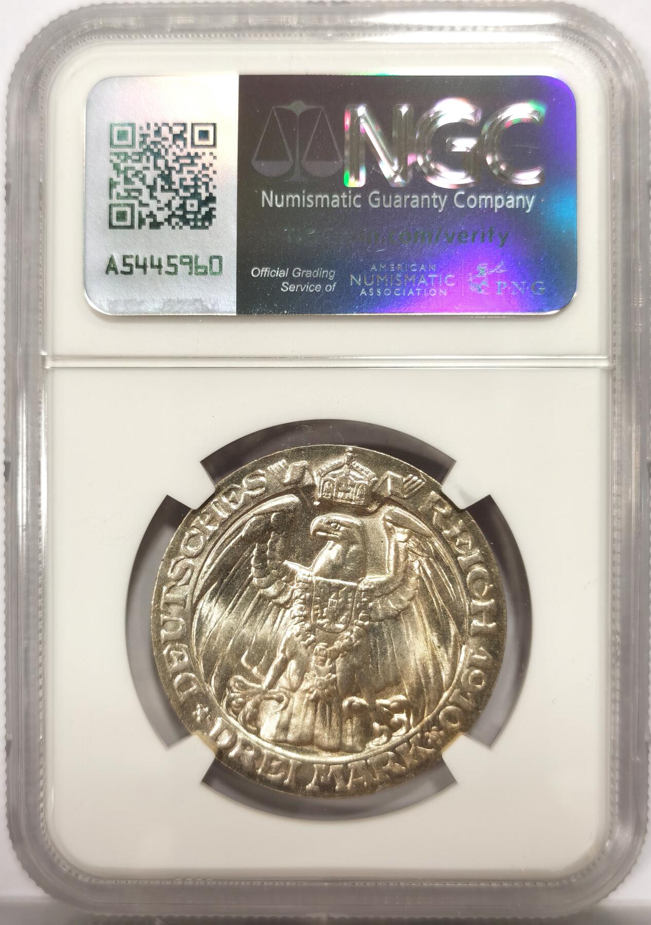 博洋堂“良辰美钰”中秋国庆双节精品专场暨第141期（全场包邮） NGC MS63 德国普鲁士1910年柏林大学3马克银币，略淡的黄油光泽，底板无丝毫划痕，绝对低评状态。