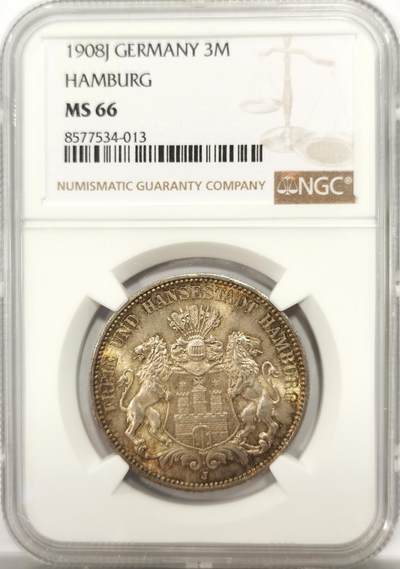 博洋堂“良辰美钰”中秋国庆双节精品专场暨第141期（全场包邮） - NGC MS66 德国汉堡1908年3马克银币，仅有1枚更高分