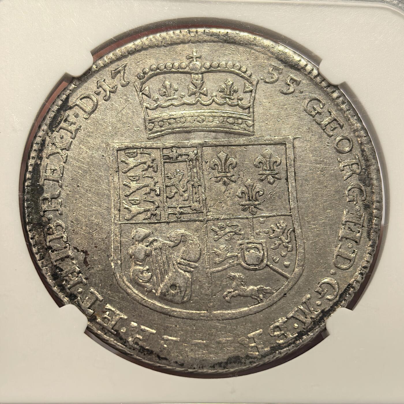 博洋堂“良辰美钰”中秋国庆双节精品专场暨第141期（全场包邮） NGC AU55 德国1755年布伦瑞克 吕内堡 乔治三世泰勒 1714年汉诺威选帝侯乔治一世依据《嗣位法》继承英国王位，而汉诺威王室源之于德国13世纪的吕内堡公爵，因此背后的徽章带有英伦的风格，这在德国泰勒当中不多见的，很特别，很有意义
