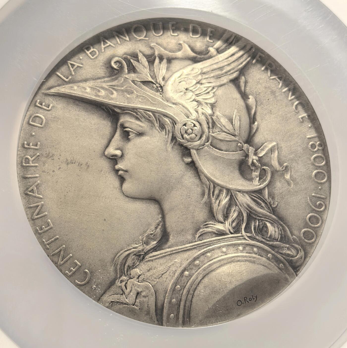 博洋堂“良辰美钰”中秋国庆双节精品专场暨第141期（全场包邮） NGC MS64 法国1900年法兰西银行百年银章，O.Roty作品，戎装玛丽安娜，直径68mm，边铭丰饶角，带原盒，保存完好