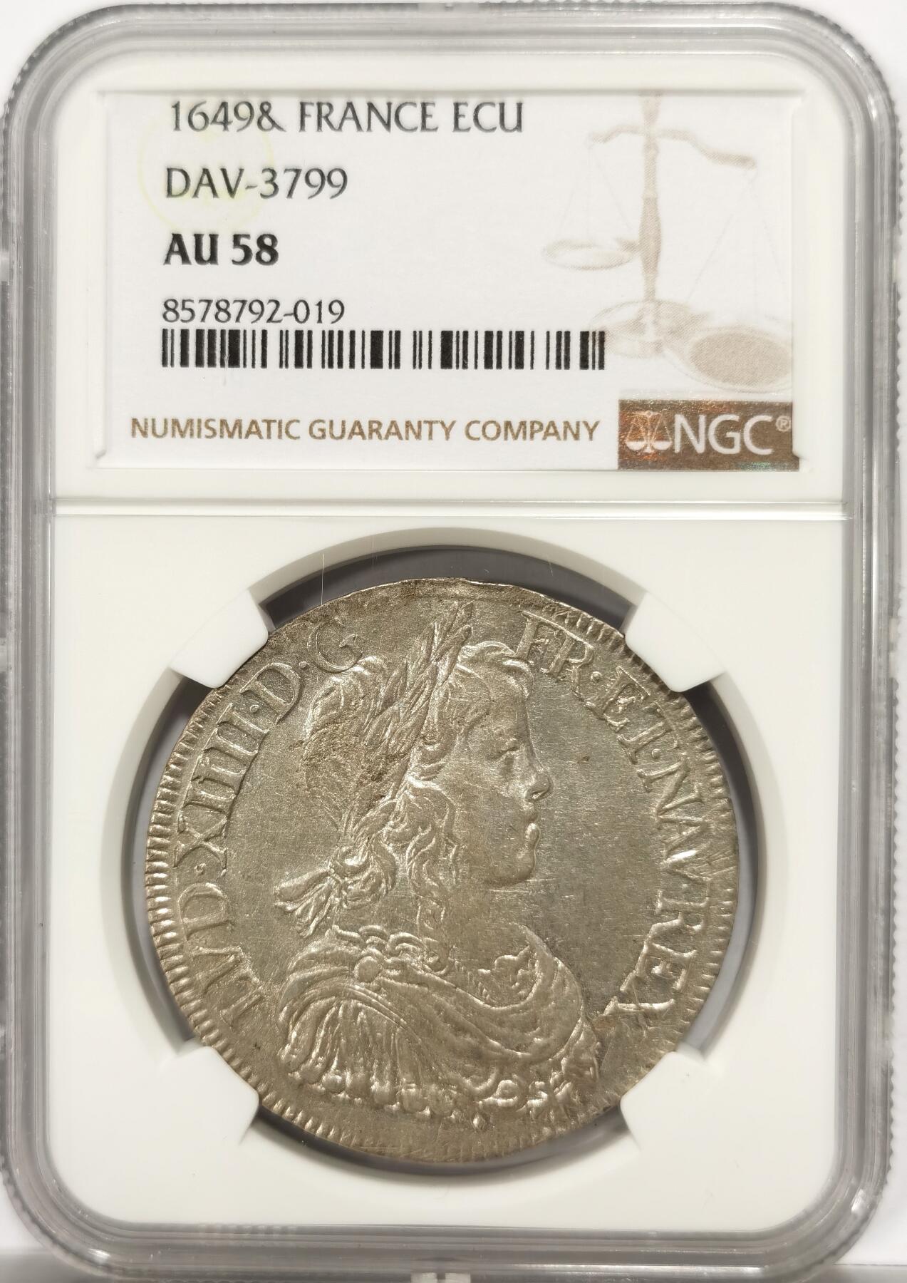 博洋堂“良辰美钰”中秋国庆双节精品专场暨第141期（全场包邮） NGC AU58 法国1649&蓝色海洋法普罗旺斯·艾克斯厂别 太阳王路易十四少年版埃居大银 全银光 深打 无减重 未流通 同级别中佼佼者 N盒唯一亚军分数