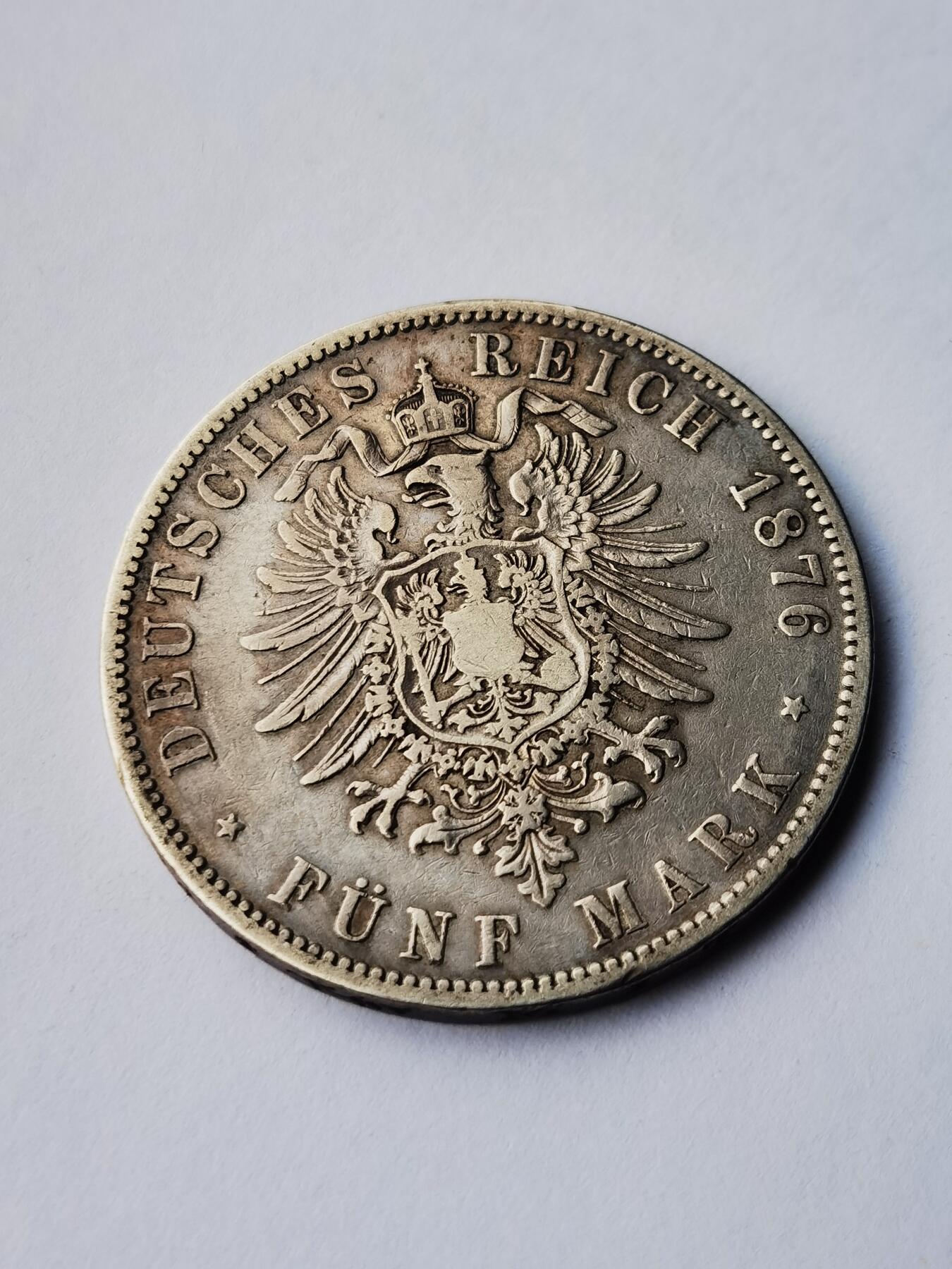 1876德意志帝国5马克银币，Wilhelm I 和帝国鹰
