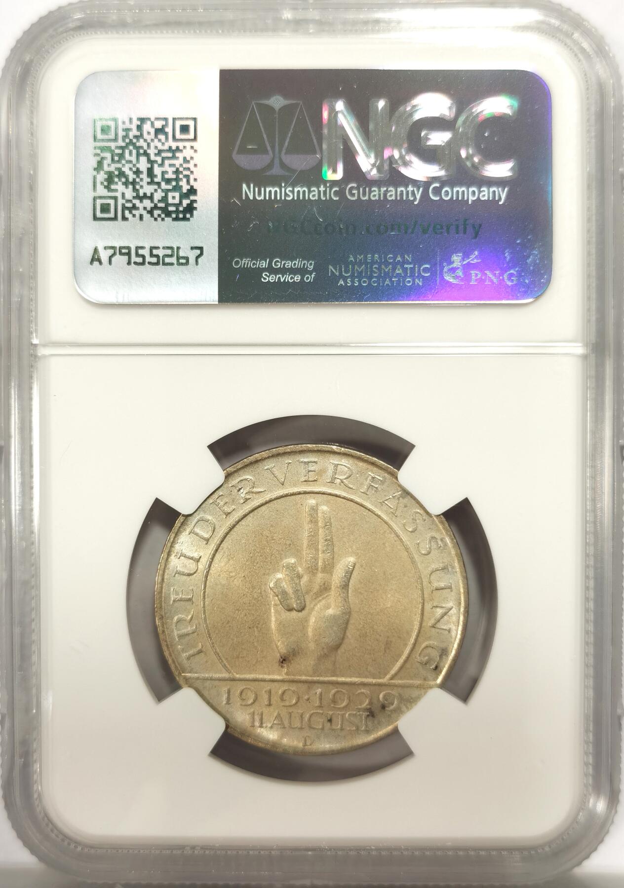 博洋堂“良辰美钰”中秋国庆双节精品专场暨第141期（全场包邮） NGC MS65 德国魏玛共和国1929年宪法10周年3马克纪念银币