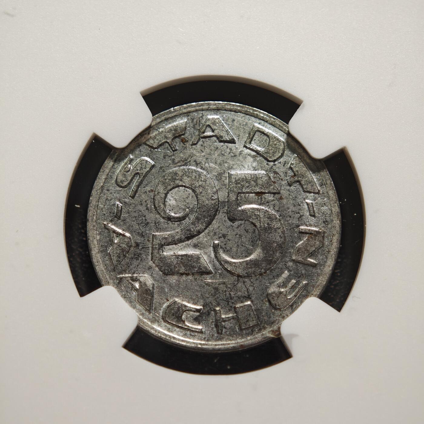 【德藏】世界币章拍卖第148期（拍品征集中~欢迎藏友联系） 1920年 德国德紧时期亚琛无心狼25芬尼铁币 NGC MS62 铁币保存不易 品相极佳