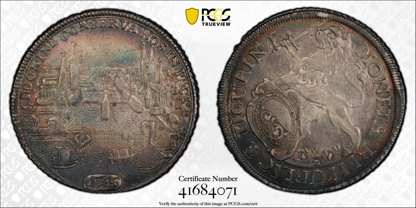 博洋堂“良辰美钰”中秋国庆双节精品专场暨第141期（全场包邮） PCGS AU55 瑞士苏黎世1745年城市景观泰勒银币，n/p均冠军分广告币正面狮子霸气又呆萌，五彩包浆，盒子有裂纹，不影响币本身