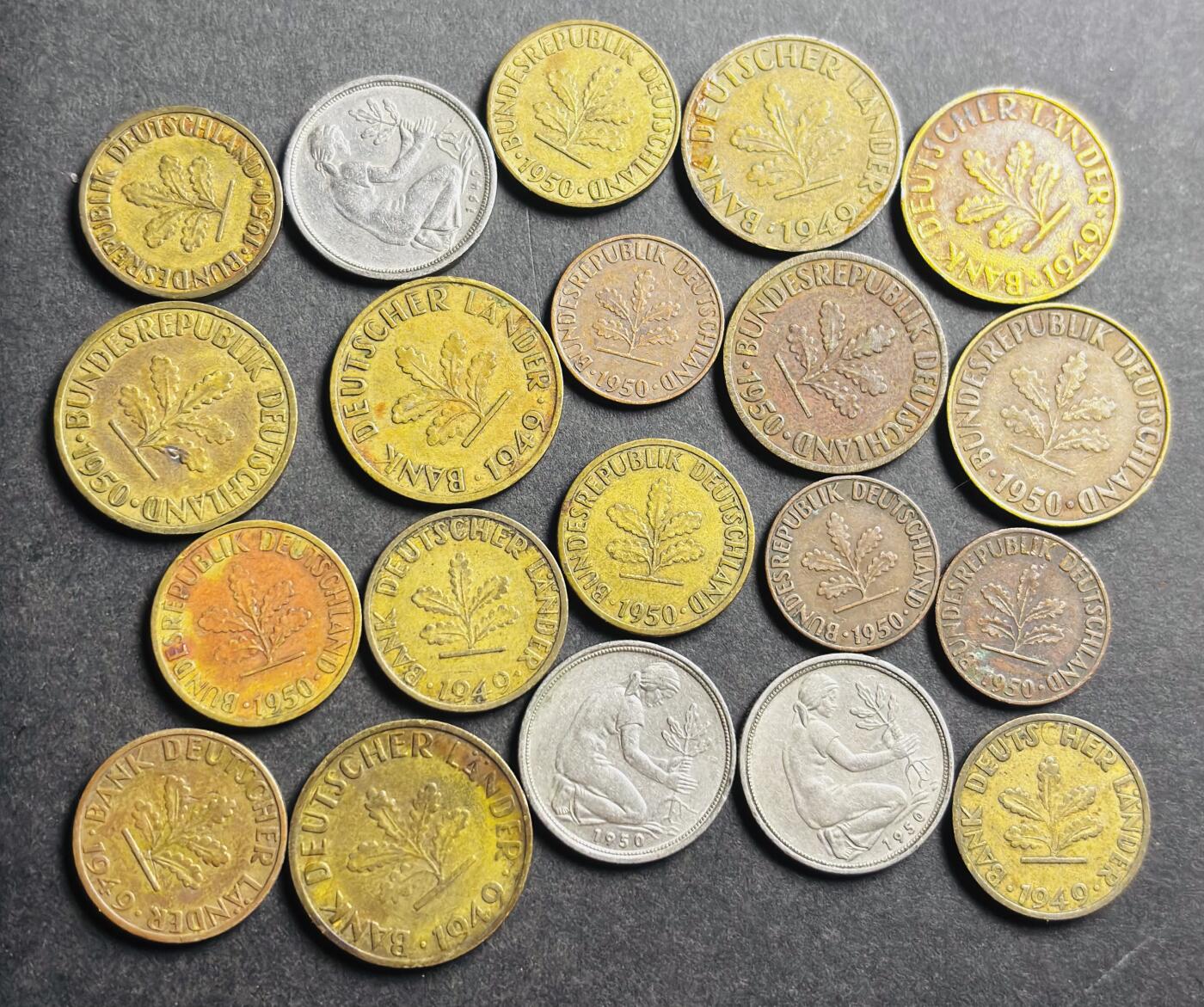 文馨钱币收藏第 273 场， 长期接收代拍品 稀少德国 1949 年 1950 年首版 1-50 芬尼 20 枚