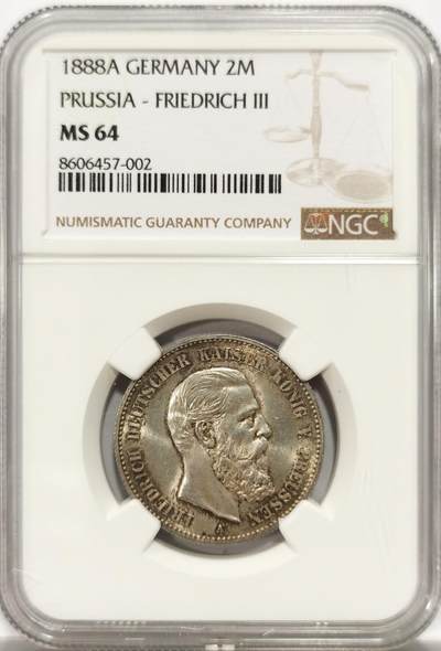 博洋堂“良辰美钰”中秋国庆双节精品专场暨第141期（全场包邮） - NGC MS64 德国普鲁士1888年弗里德里希三世短翅鹰流通2马克银币，淡淡的包浆。