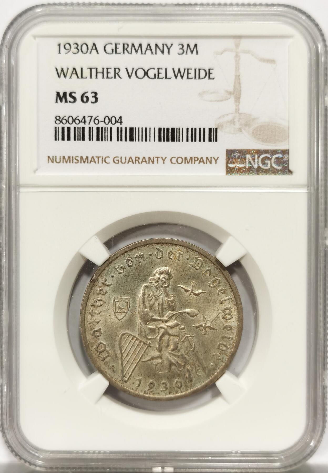博洋堂“良辰美钰”中秋国庆双节精品专场暨第141期（全场包邮） NGC MS63 德国魏玛1930年弗洛尔瓦伊德3马克银币。