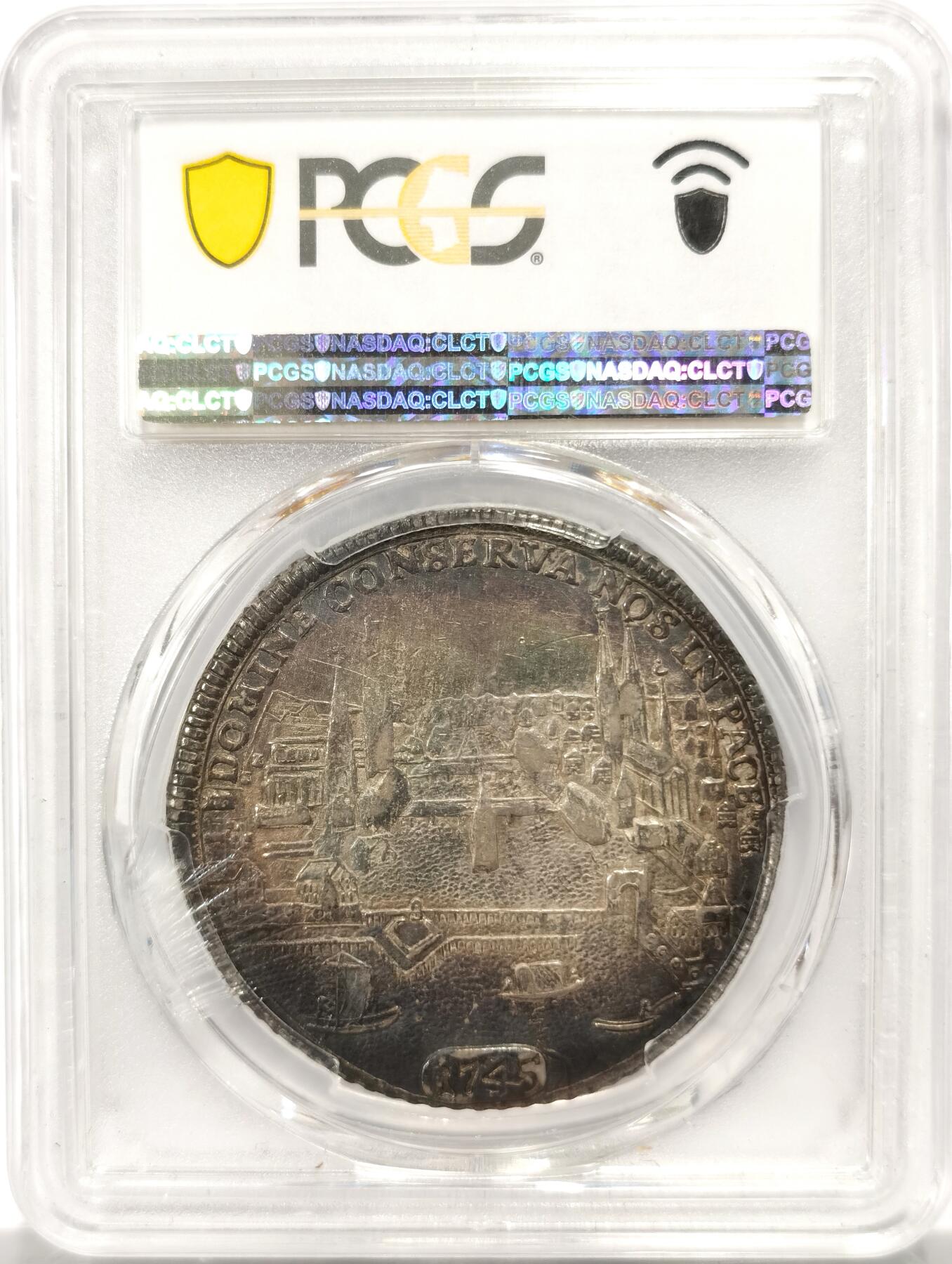 博洋堂“良辰美钰”中秋国庆双节精品专场暨第141期（全场包邮） PCGS AU55 瑞士苏黎世1745年城市景观泰勒银币，n/p均冠军分广告币正面狮子霸气又呆萌，五彩包浆，盒子有裂纹，不影响币本身