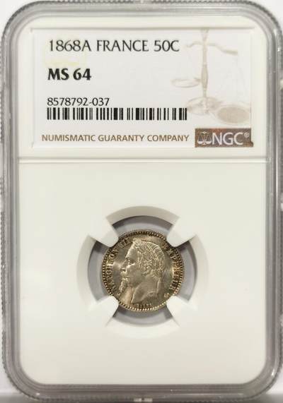 博洋堂“良辰美钰”中秋国庆双节精品专场暨第141期（全场包邮） - NGC MS64 法国1868年拿三50分银币 稀见高分小辅币 仅一枚更高分记录