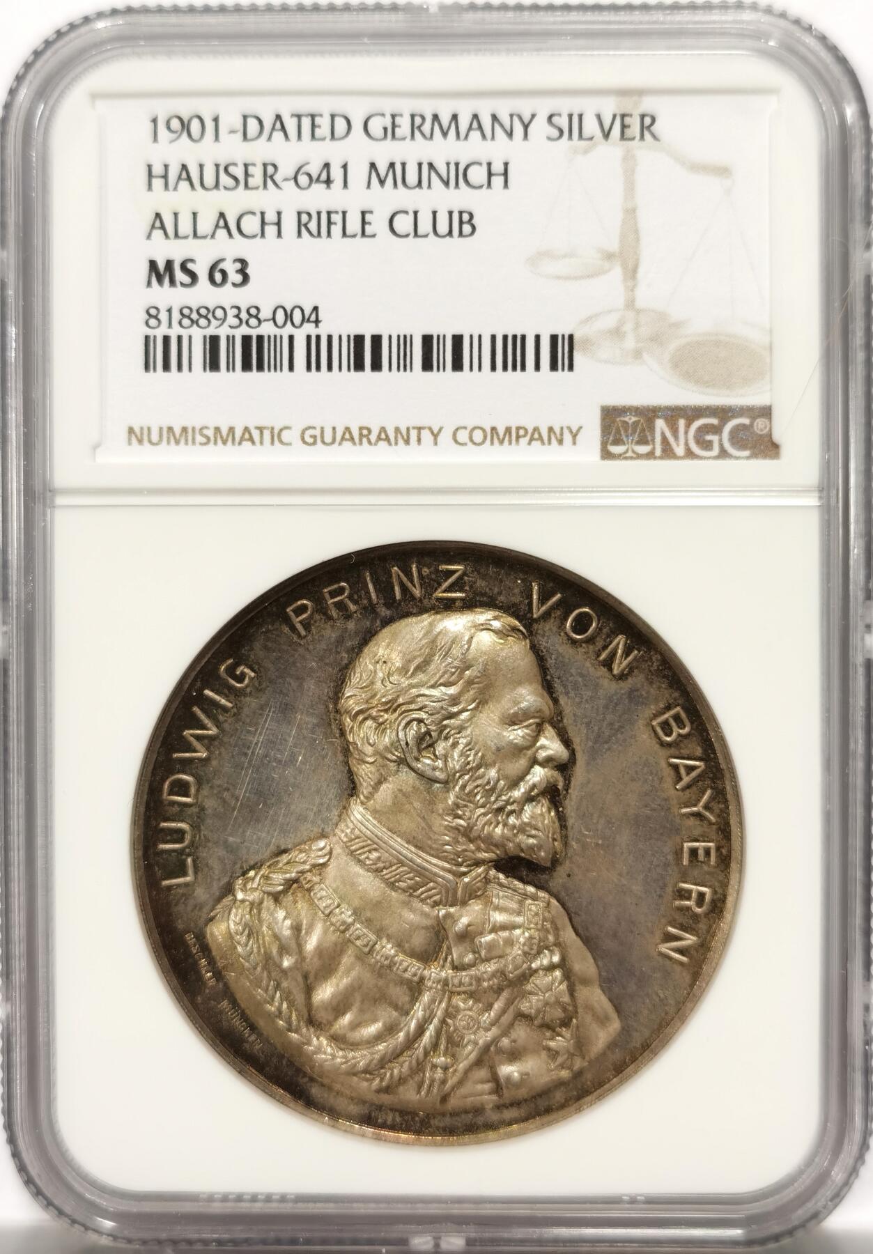 博洋堂“良辰美钰”中秋国庆双节精品专场暨第141期（全场包邮） NGC MS63 慕尼黑1901年射击俱乐部纪念大银章，背面慕尼黑景观建筑极美构图。德系镜面铸造技术无可挑剔！