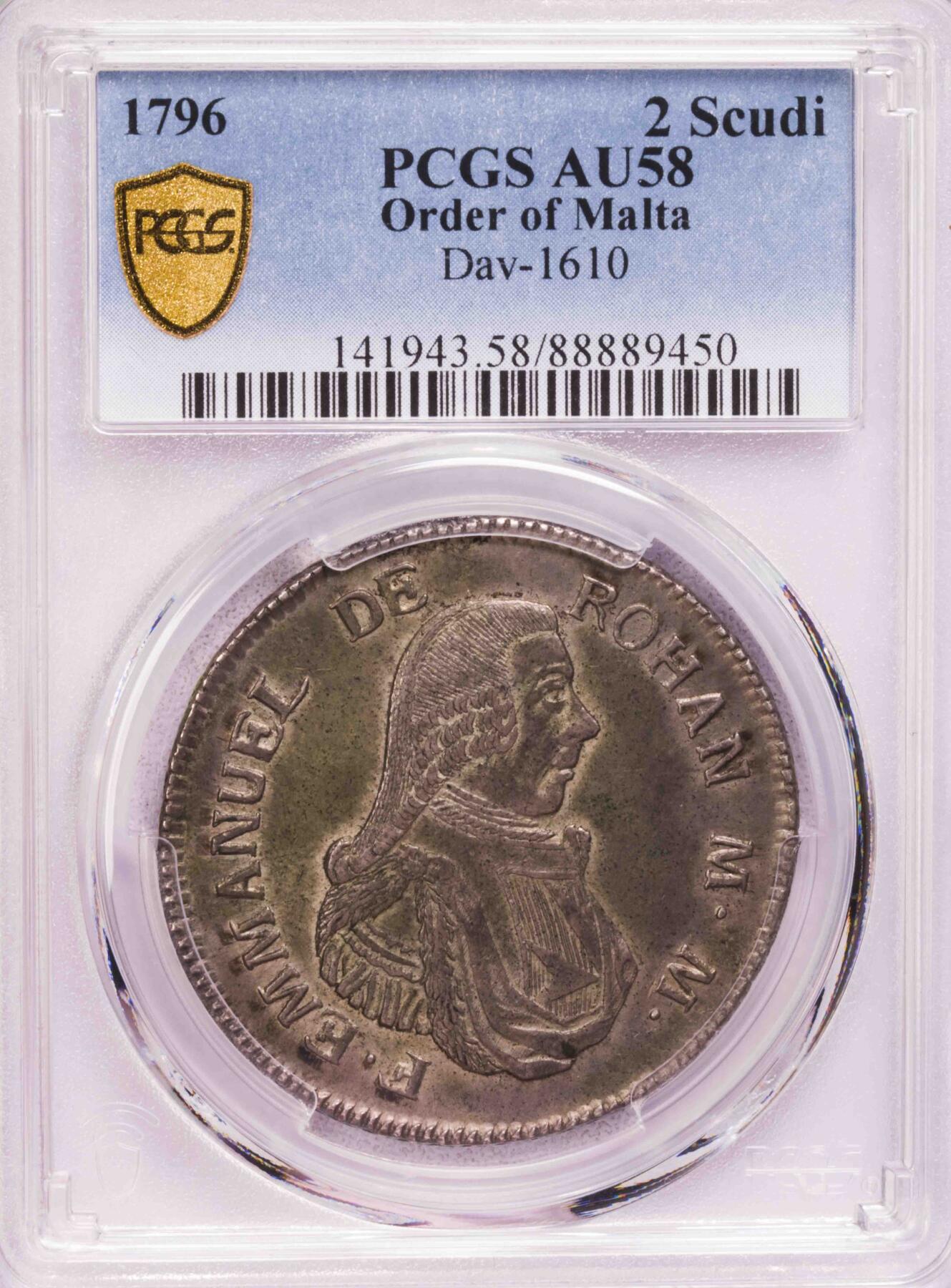 PCGS-AU58 1796马耳他骑士团2斯库多大银 唯一亚军