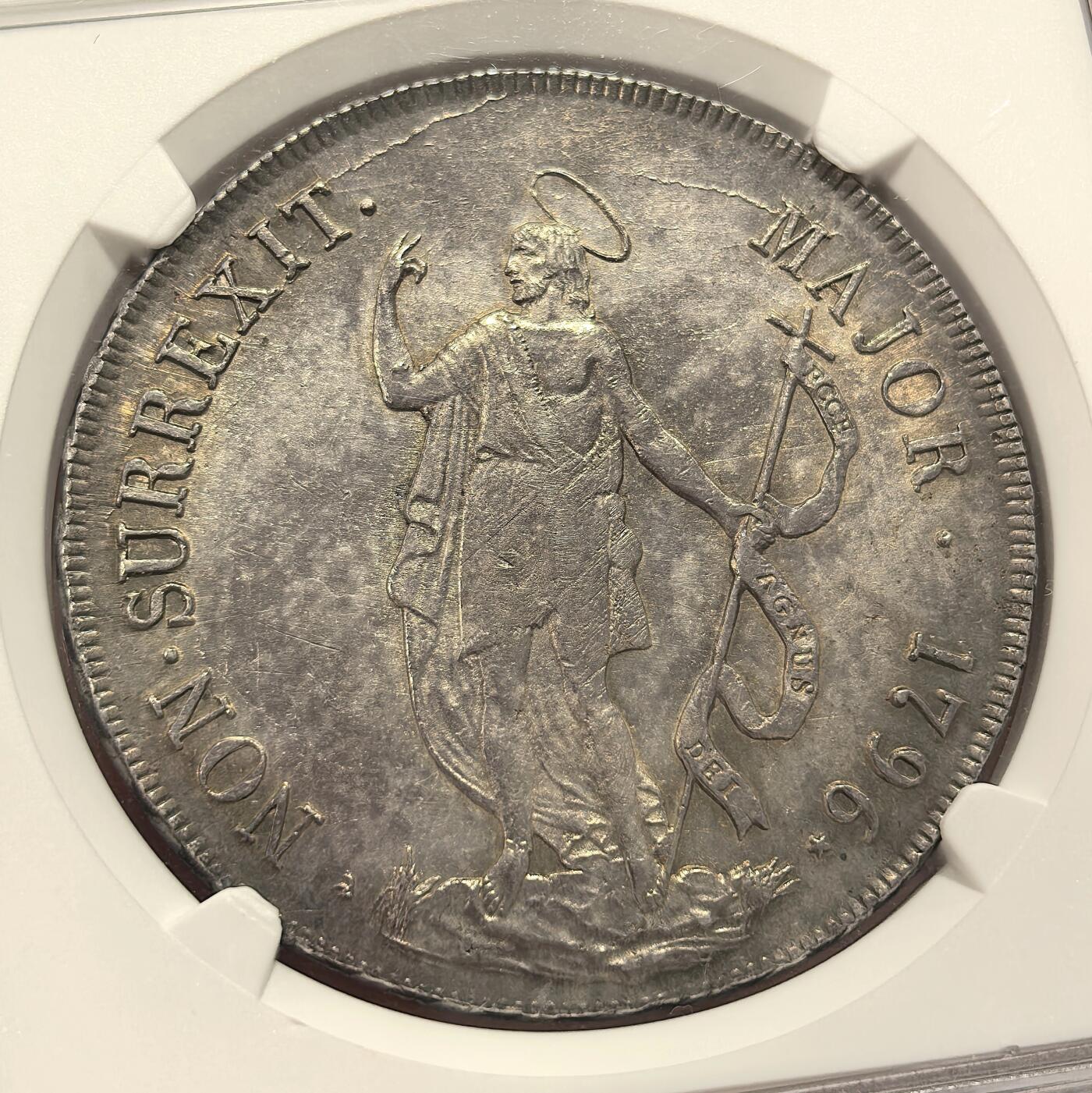 博洋堂“良辰美钰”中秋国庆双节精品专场暨第141期（全场包邮） NGC MS61 意大利1796年热那亚共和国公爵8里拉，很有宗教题材、重达33克的一枚意大利银币
