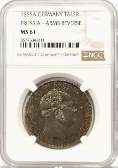 博洋堂“良辰美钰”中秋国庆双节精品专场暨第141期（全场包邮） - NGC MS61 德国普鲁士1855年威廉四世纹章流通1泰勒银币