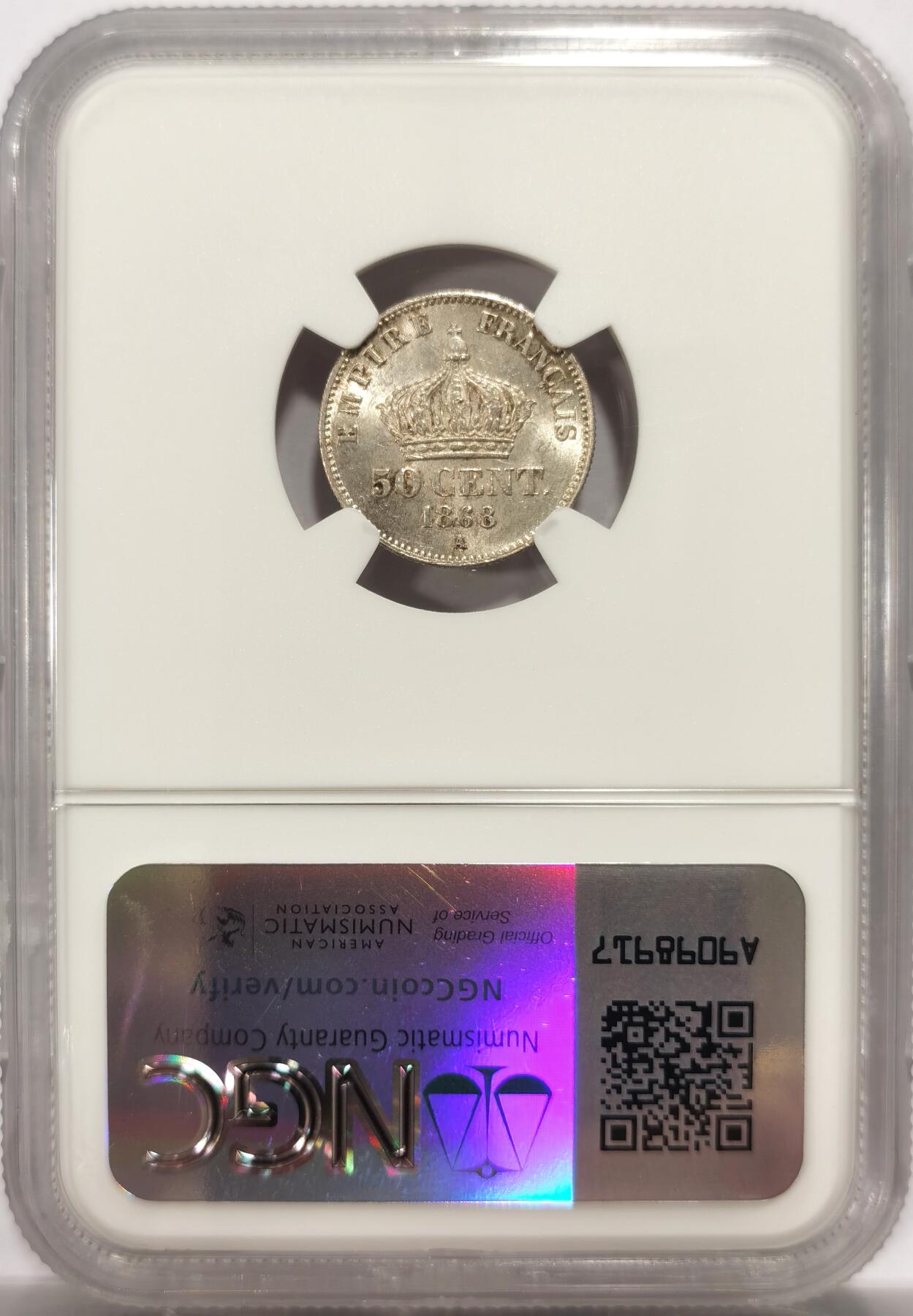 博洋堂“良辰美钰”中秋国庆双节精品专场暨第141期（全场包邮） NGC MS64 法国1868年拿三50分银币 稀见高分小辅币 仅一枚更高分记录