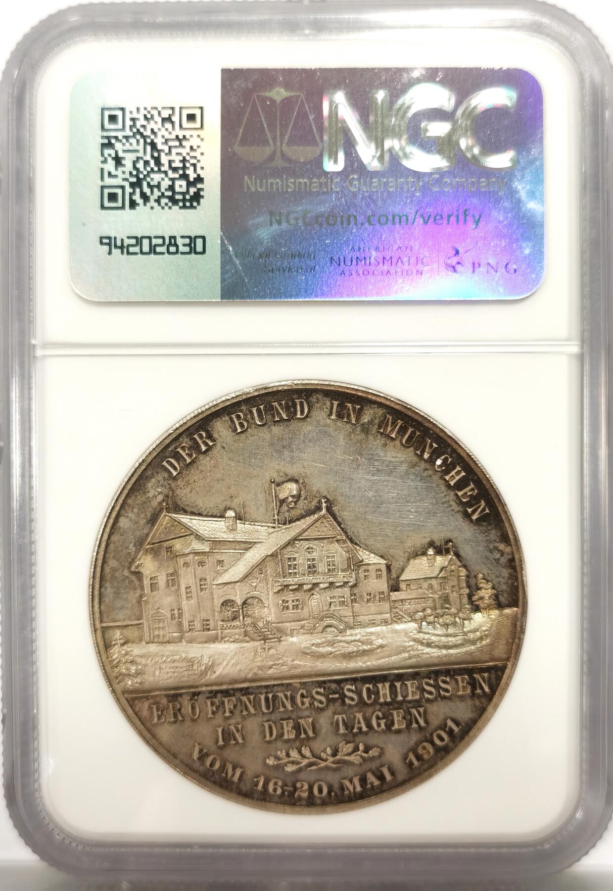 博洋堂“良辰美钰”中秋国庆双节精品专场暨第141期（全场包邮） NGC MS63 慕尼黑1901年射击俱乐部纪念大银章，背面慕尼黑景观建筑极美构图。德系镜面铸造技术无可挑剔！