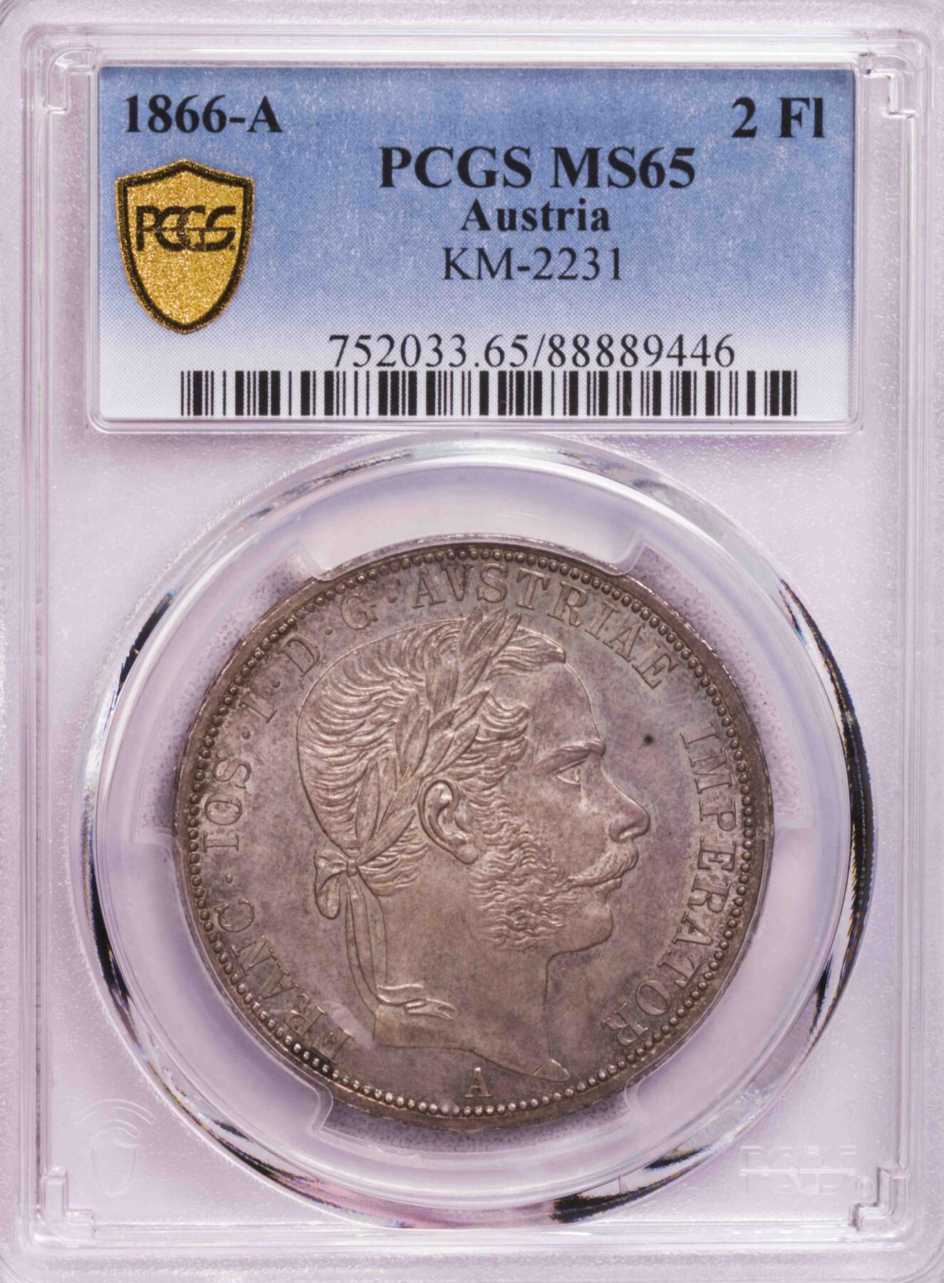 PCGS-MS65 1866奥地利弗朗茨约瑟夫大头版2福林大银币