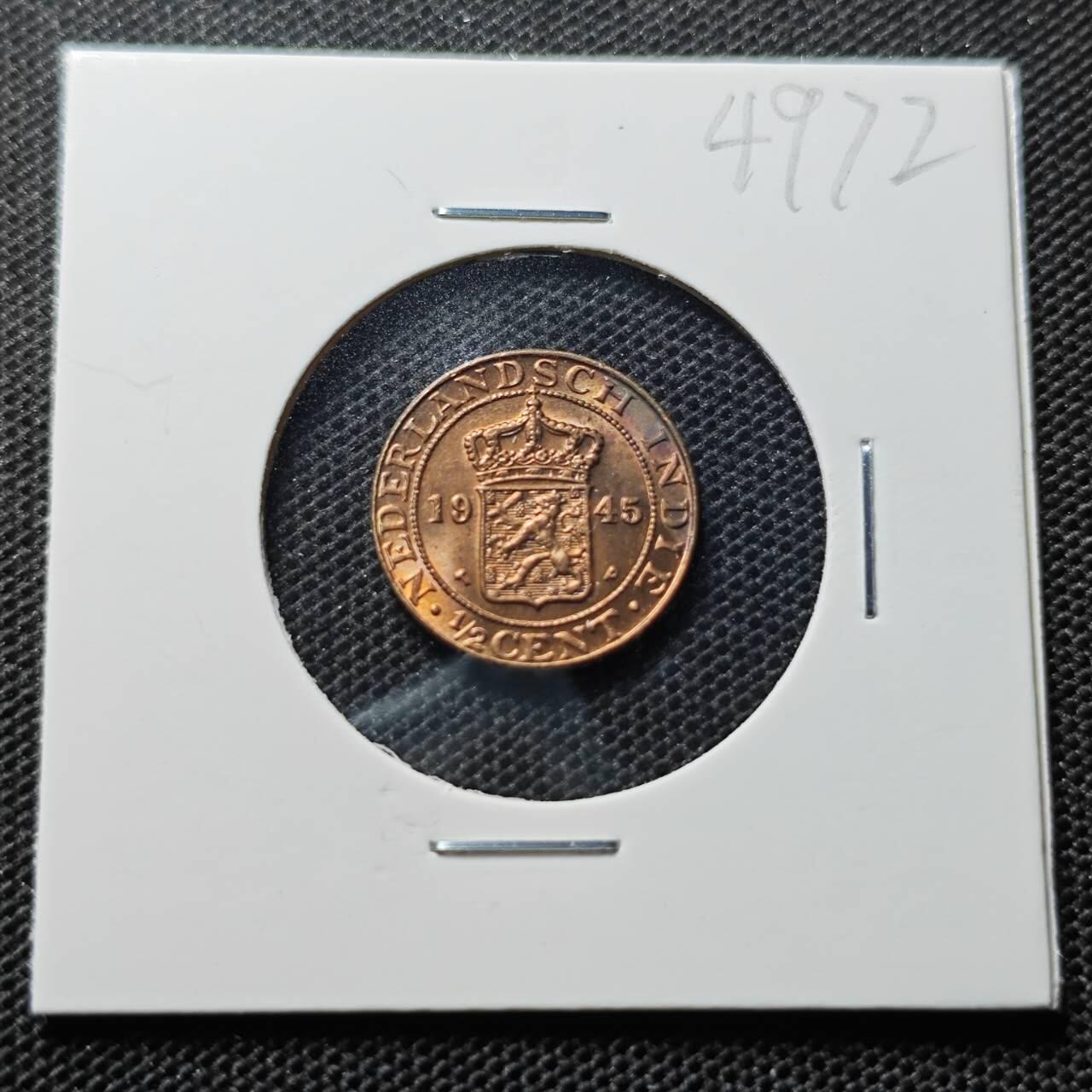 KK钱币收藏小铺 第349场 2月预留时间 周末发货  1945荷属东印度0.5分铜币 好品