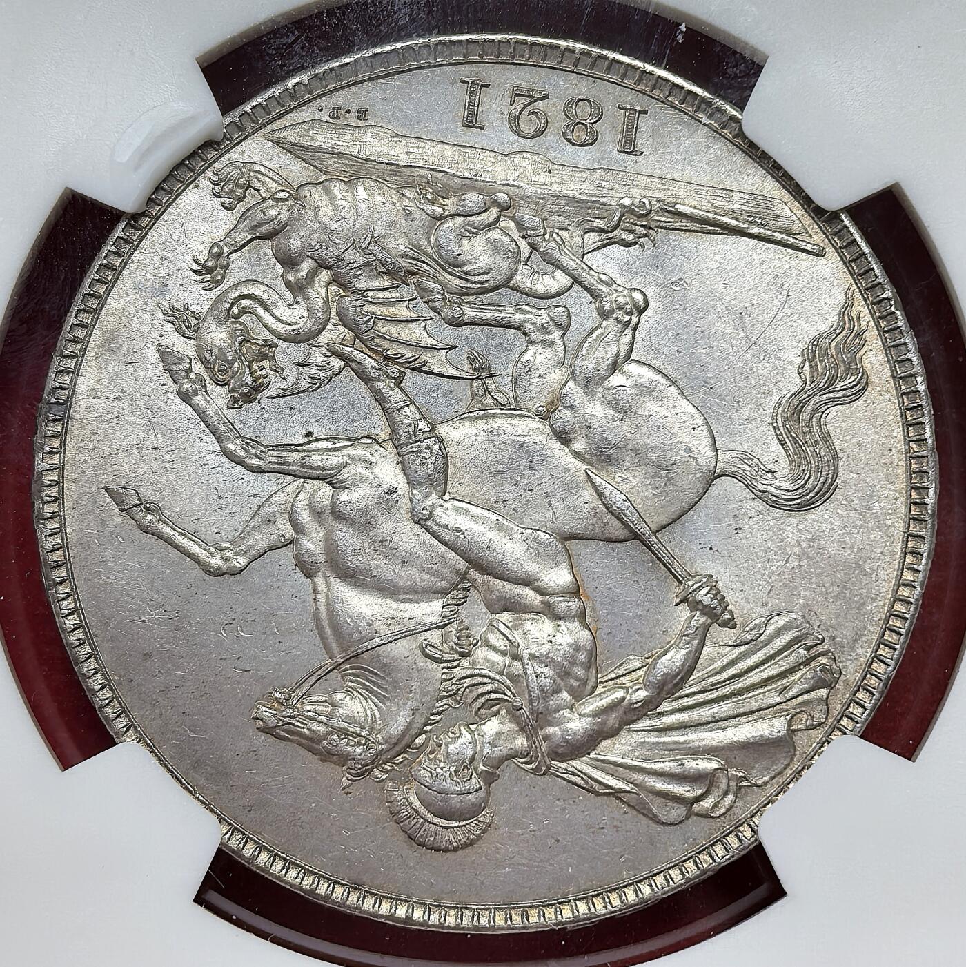 凡希社世界钱币微拍月度大拍（2025/09） 荐！1821英国乔四马剑大银NGC-MS63，英伦灰彩，淡色包浆下呈现迷人的金属质感，实物上手更赞，略低评。（附视频）