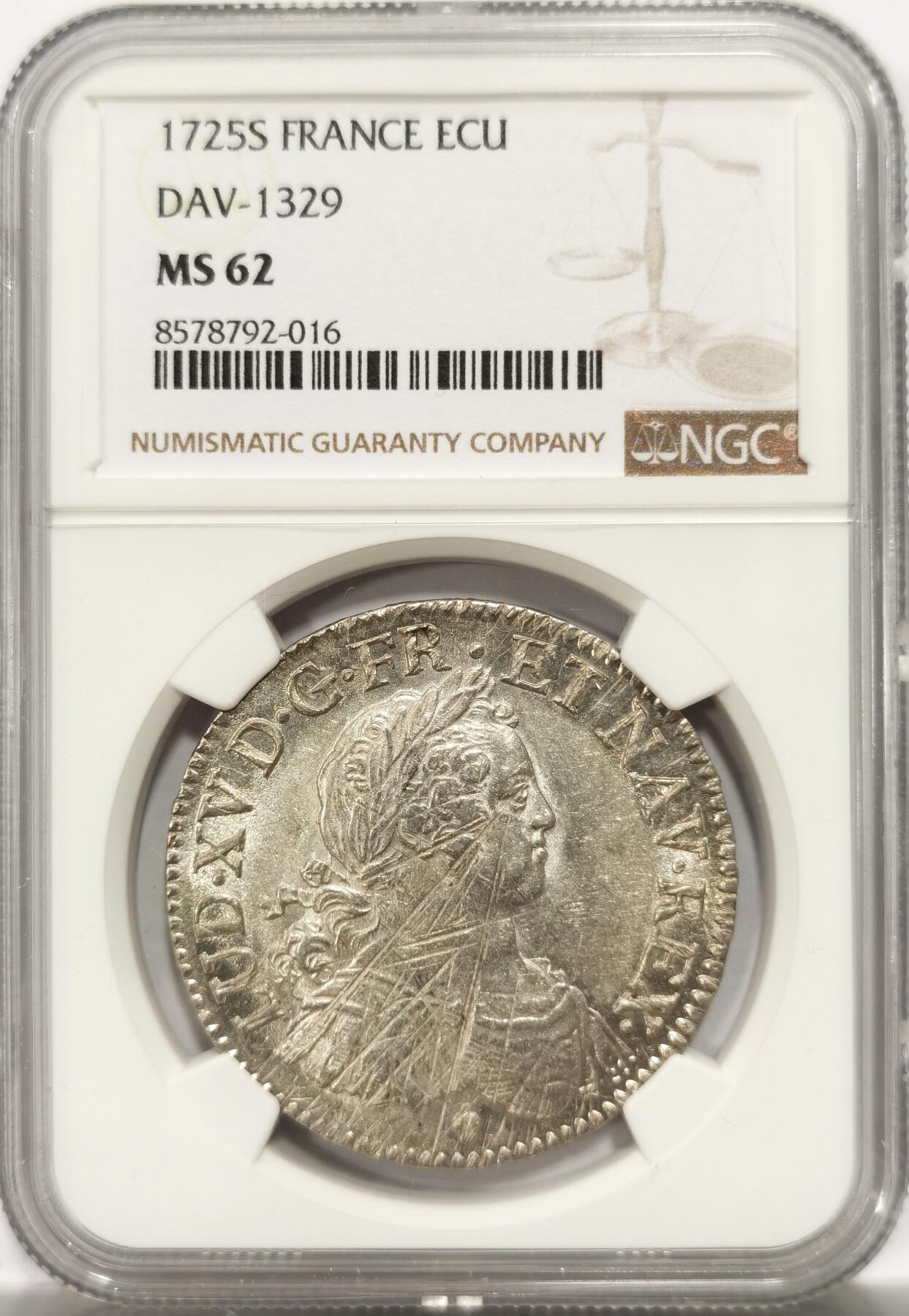 博洋堂“良辰美钰”中秋国庆双节精品专场暨第141期（全场包邮） NGC MS62 法国1725S（兰斯）路易十五8L版埃居大银 稀少版别 全银光品级 HA网10年前同分数3000刀成交 麦网唯一最高分数 N盒唯一冠军分数