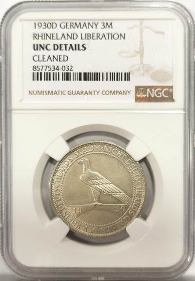 博洋堂“良辰美钰”中秋国庆双节精品专场暨第141期（全场包邮） - NGC UNC 德国魏玛共和国1930年D莱茵解放3马克纪念银币