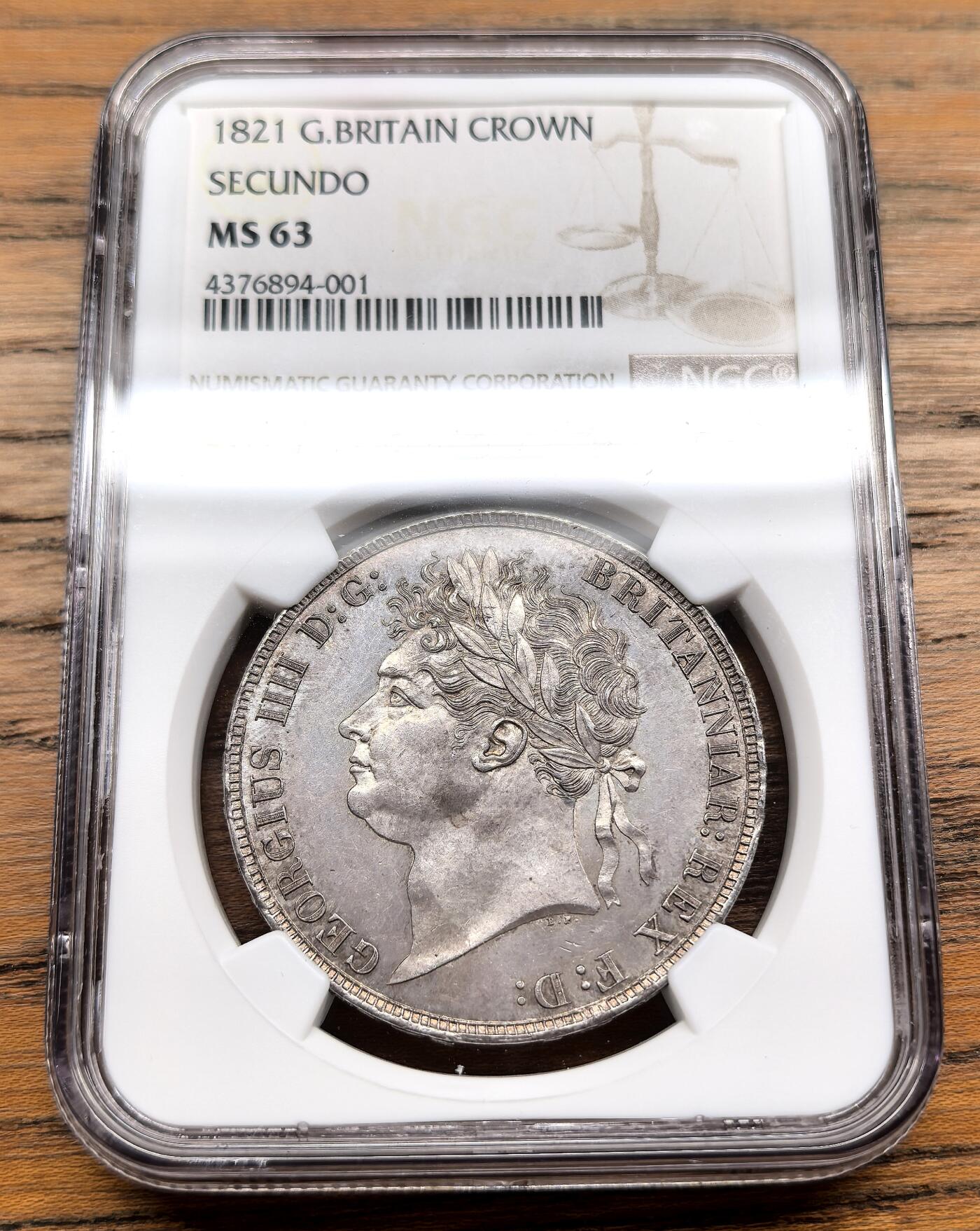 凡希社世界钱币微拍月度大拍（2025/09） 荐！1821英国乔四马剑大银NGC-MS63，英伦灰彩，淡色包浆下呈现迷人的金属质感，实物上手更赞，略低评。（附视频）