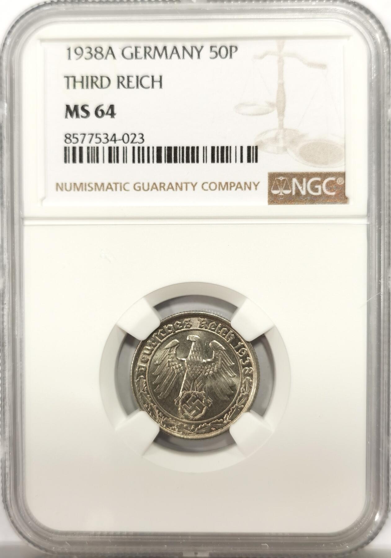 博洋堂“良辰美钰”中秋国庆双节精品专场暨第141期（全场包邮） NGC MS64 德国第三帝国1938年A版50芬尼镍币，传说中的回炉坦克币