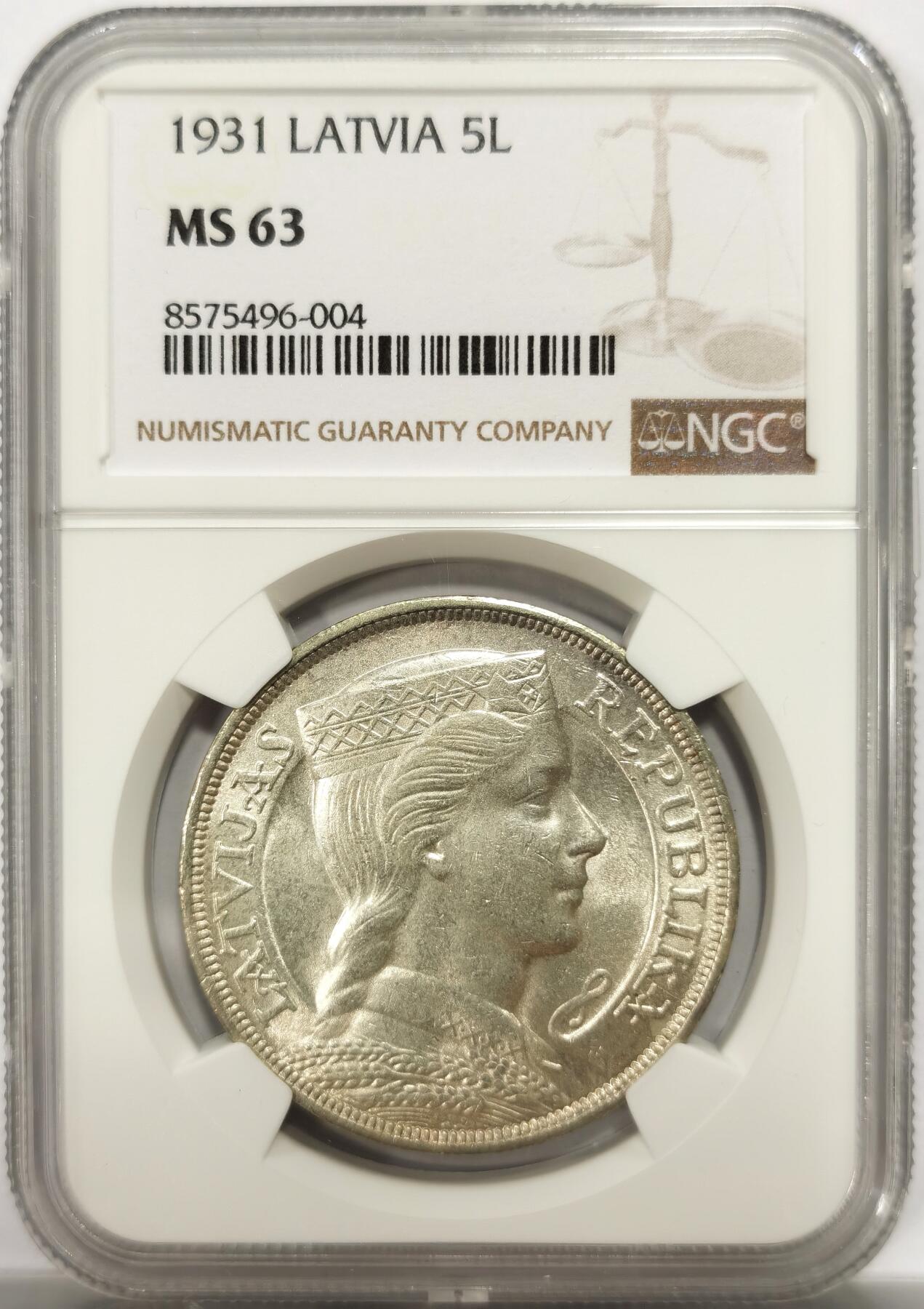 博洋堂“良辰美钰”中秋国庆双节精品专场暨第141期（全场包邮） NGC MS63 拉脱维亚1931年5拉特大银 币面清爽干净 淡彩转光