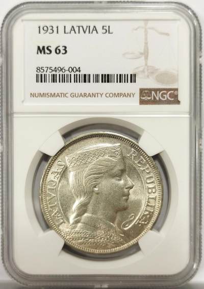 博洋堂“良辰美钰”中秋国庆双节精品专场暨第141期（全场包邮） - NGC MS63 拉脱维亚1931年5拉特大银 币面清爽干净 淡彩转光