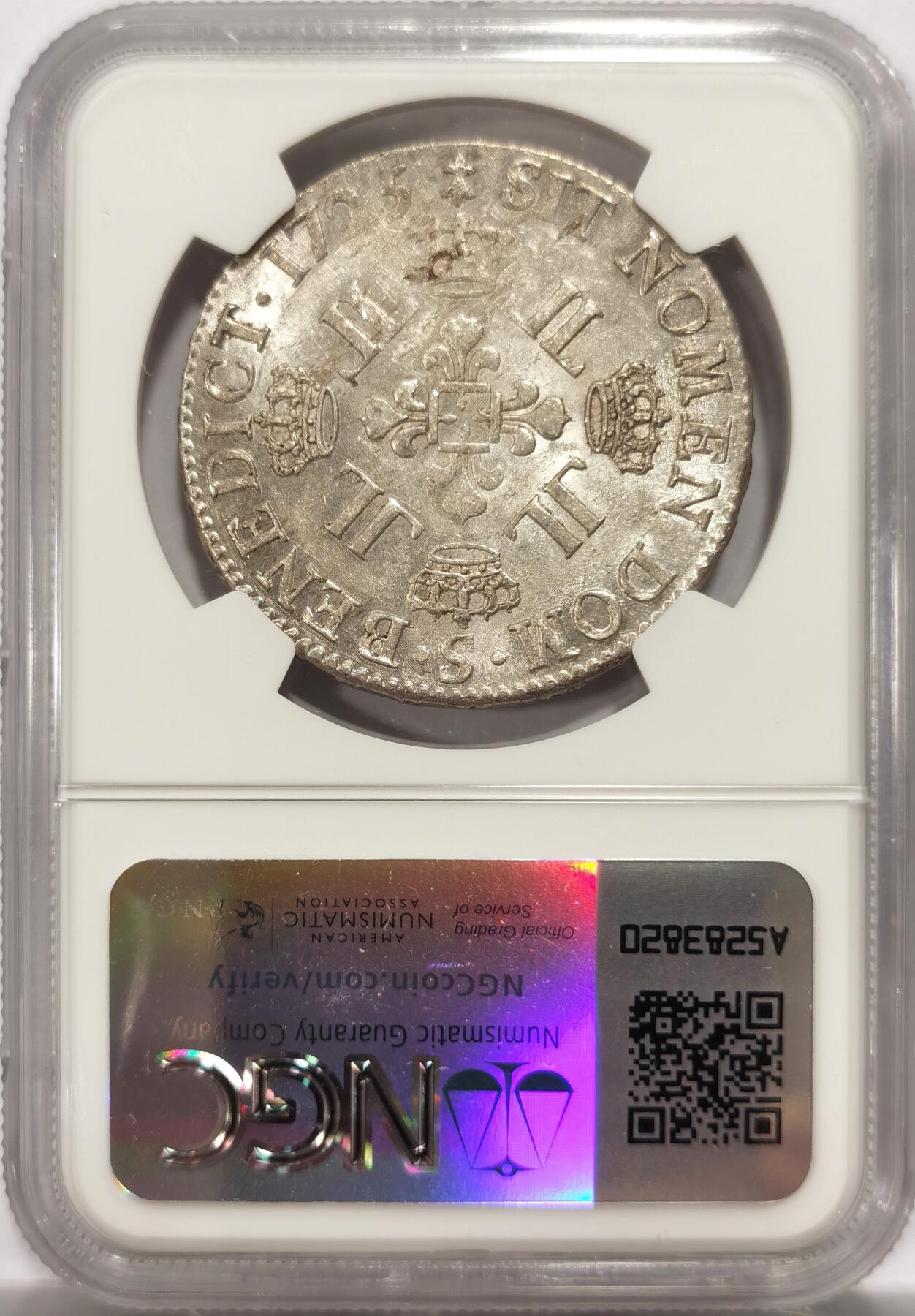 博洋堂“良辰美钰”中秋国庆双节精品专场暨第141期（全场包邮） NGC MS62 法国1725S（兰斯）路易十五8L版埃居大银 稀少版别 全银光品级 HA网10年前同分数3000刀成交 麦网唯一最高分数 N盒唯一冠军分数