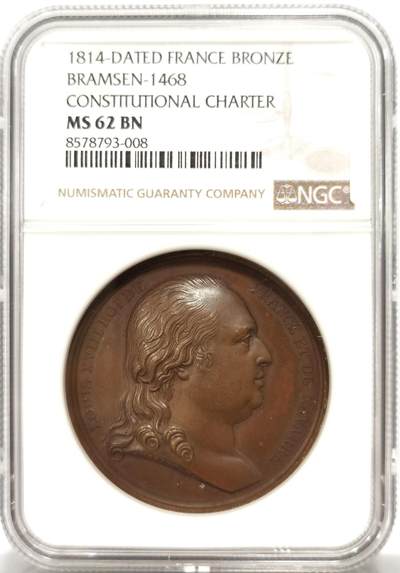 博洋堂“良辰美钰”中秋国庆双节精品专场暨第141期（全场包邮） - NGC MS62 法国1814年路易十八宪法宪章大铜章