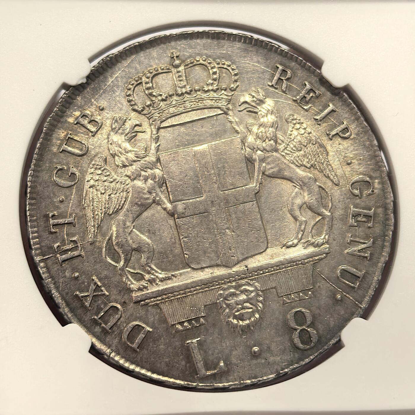 博洋堂“良辰美钰”中秋国庆双节精品专场暨第141期（全场包邮） NGC MS61 意大利1796年热那亚共和国公爵8里拉，很有宗教题材、重达33克的一枚意大利银币