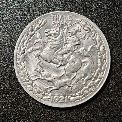 【德藏】世界币章拍卖第148期（拍品征集中~欢迎藏友联系） - 1921年 德国德紧"马剑"塔勒哈茨猎人3马克铝币 大名誉品 状态极佳 直径约：33.3mm；重约：2.4g