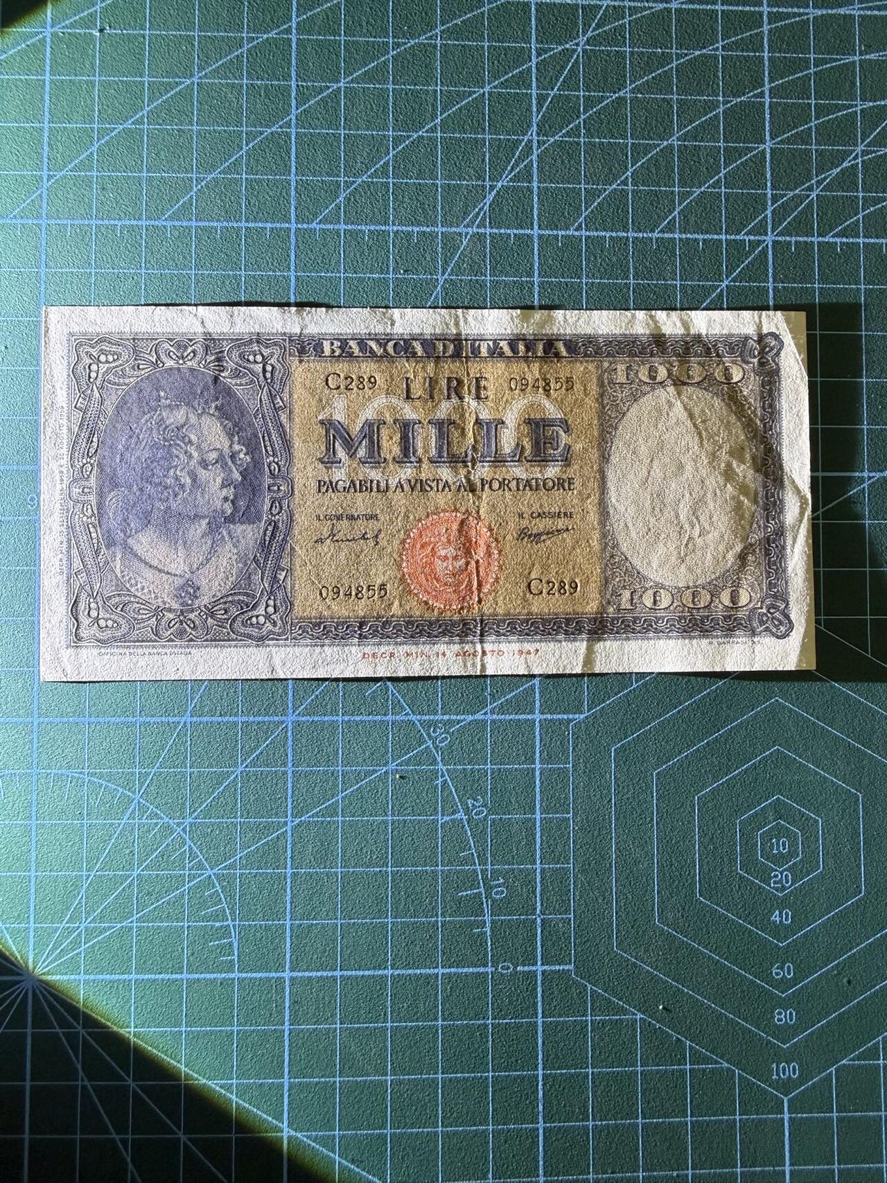 【炜奕收藏】，第四十六期 1947年意大利1000里拉，AU品相
