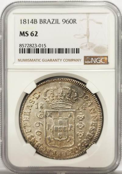博洋堂“良辰美钰”中秋国庆双节精品专场暨第141期（全场包邮） - NGC MS62 1814B葡属巴西950R大银 金彩深打 卡四双柱清晰可见