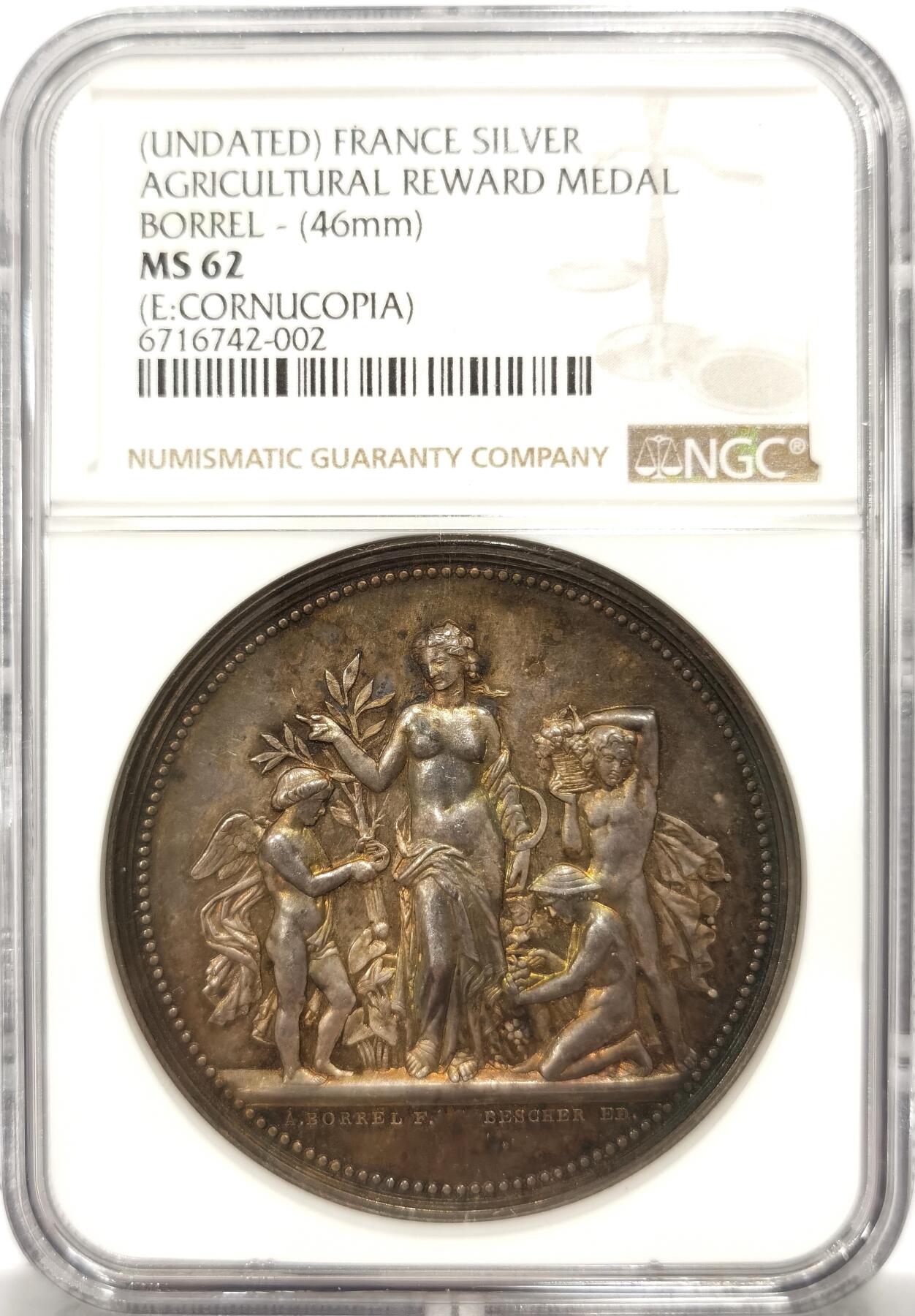 博洋堂“良辰美钰”中秋国庆双节精品专场暨第141期（全场包邮） NGC MS62 法国1890年左右葡萄园种植巨大银章，46mm超大尺寸，这个版别有38mm和34mm较为常见。正面超高浮雕农业女神。细节完美风韵极佳！