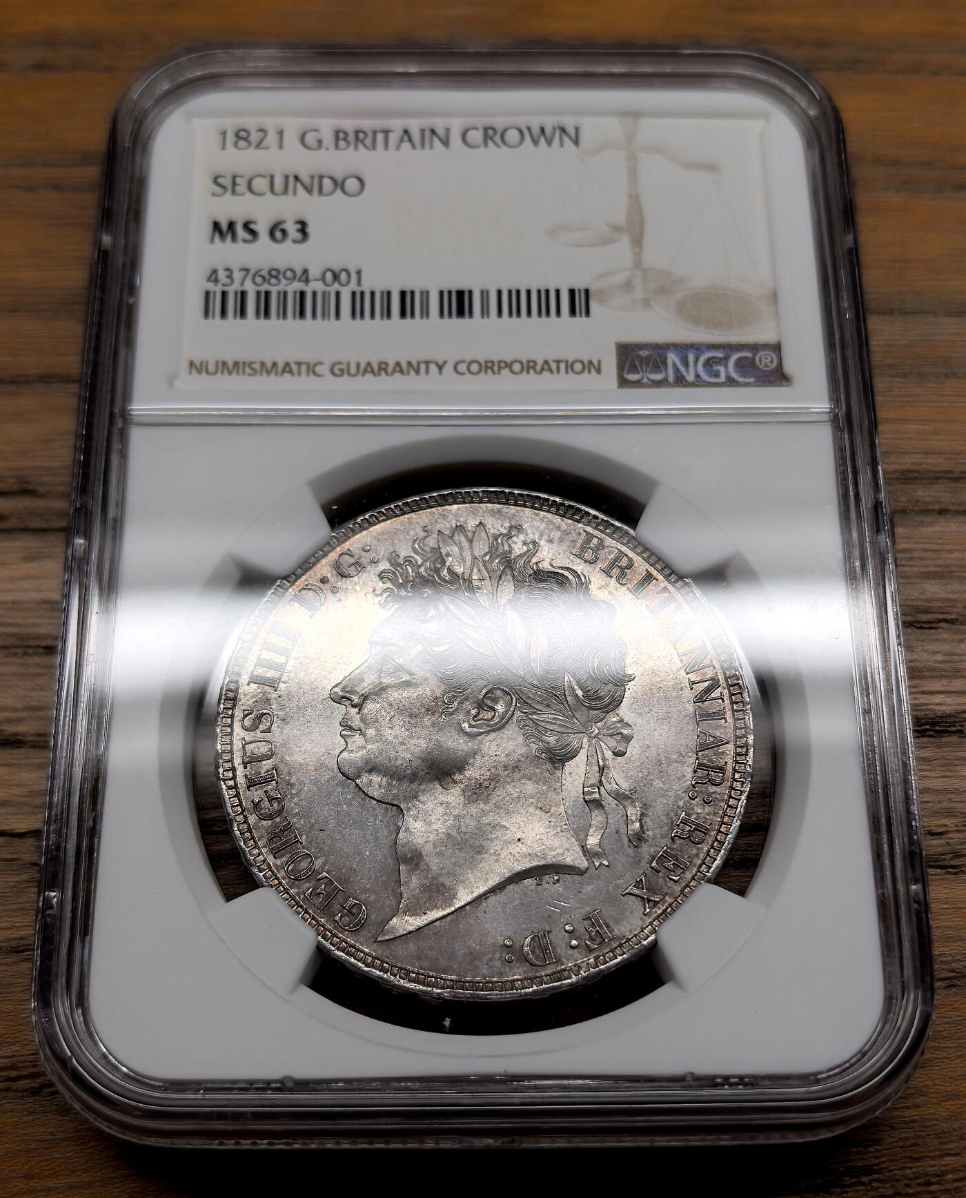 凡希社世界钱币微拍月度大拍（2025/09） 荐！1821英国乔四马剑大银NGC-MS63，英伦灰彩，淡色包浆下呈现迷人的金属质感，实物上手更赞，略低评。（附视频）