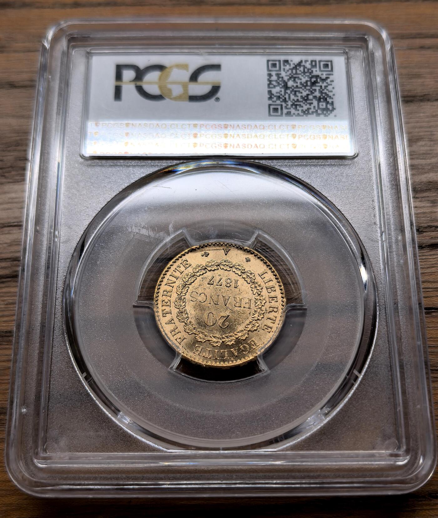 凡希社世界钱币微拍月度大拍（2025/09） 1877A法国天使书宪20法郎金币PCGS-MS64，金色纯正，个人认为是欧洲近代流通金币里设计最美的一款。6.45g，900金。