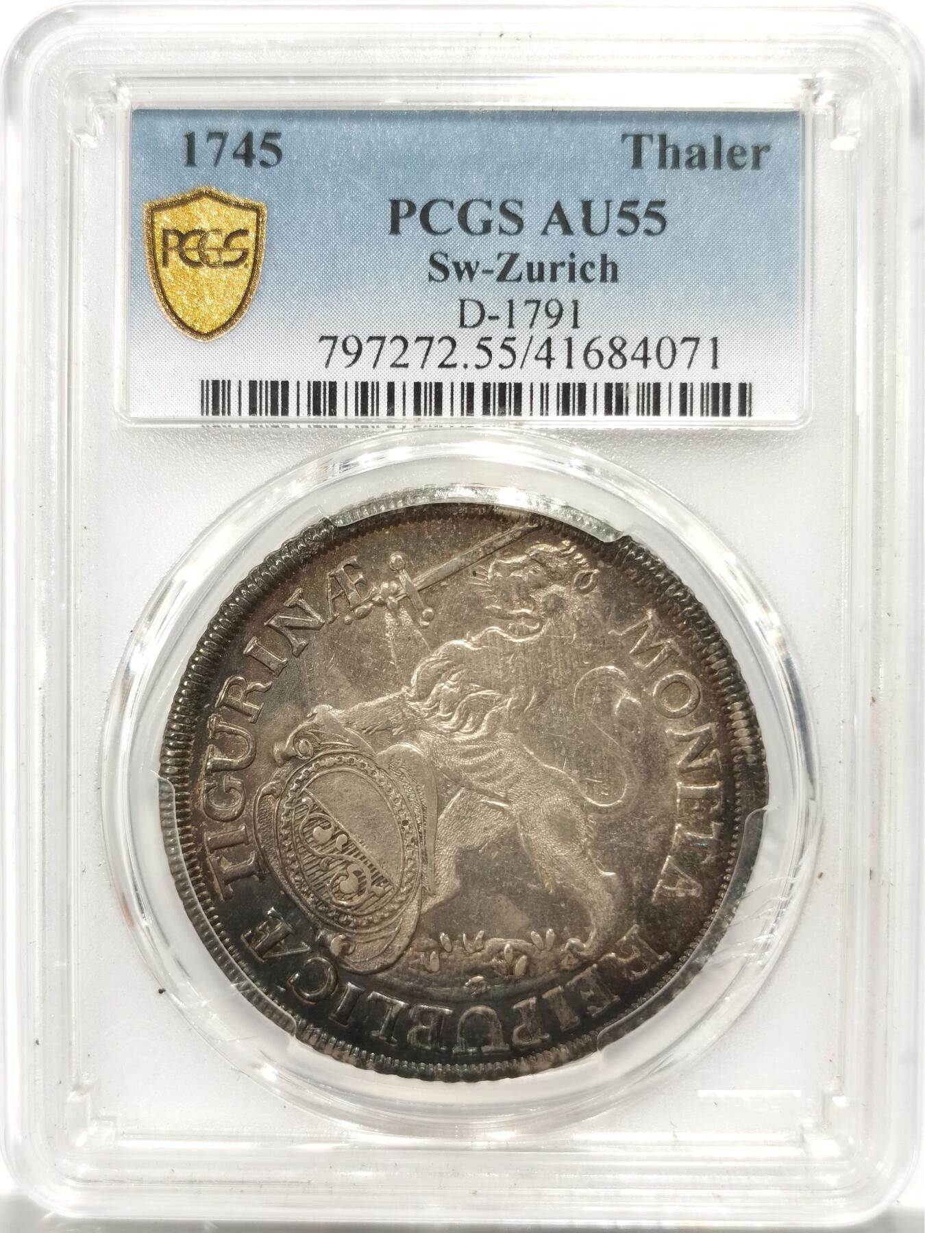 博洋堂“良辰美钰”中秋国庆双节精品专场暨第141期（全场包邮） PCGS AU55 瑞士苏黎世1745年城市景观泰勒银币，n/p均冠军分广告币正面狮子霸气又呆萌，五彩包浆，盒子有裂纹，不影响币本身