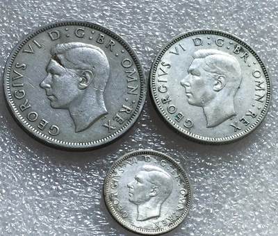 【银质纪念币、国外银币等珍品】限时专场 - 英国1940-47年乔治六世6便士，2先令，半克朗银币3枚