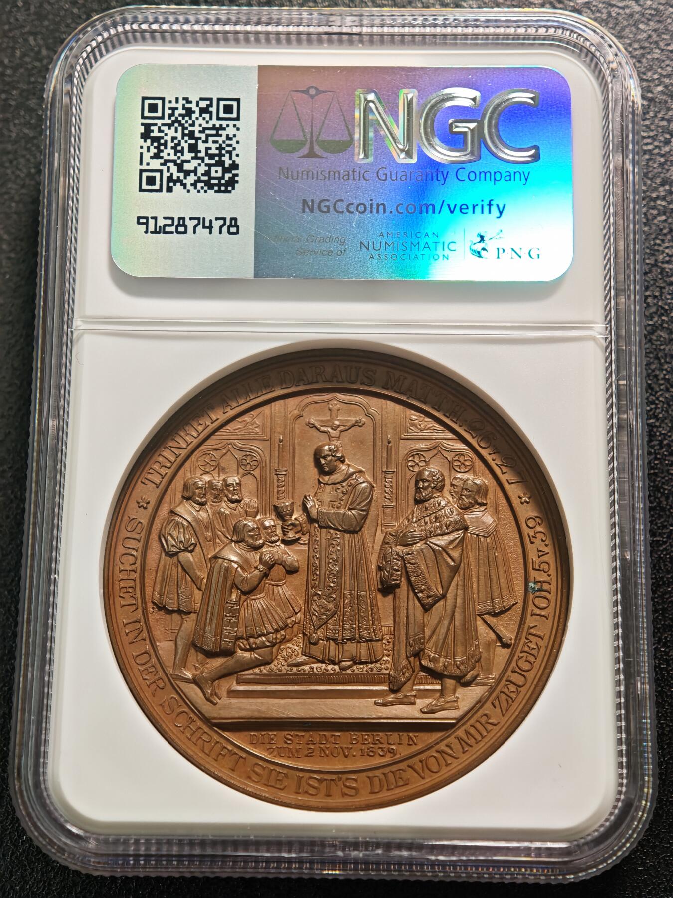 【德藏】世界币章拍卖第148期（拍品征集中~欢迎藏友联系） 1839年 德国宗教改革纪念铜章 NGC MS65BN 细节极其丰富 人物刻画传神 状态极佳