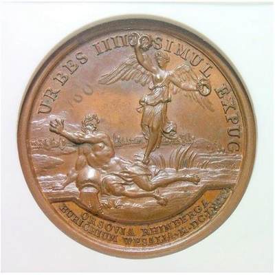 【旋风钱币】10月4日19:00准时开拍 精美欧洲币章 第三帝国货币等 全场包邮！ 【加厚盒】NGC MS63 法国1672年太阳王路易十四法荷战争 高浮雕精制大铜章 40MM