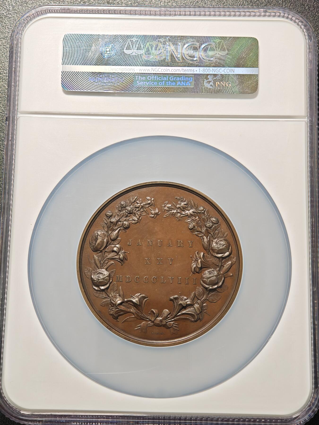 【德藏】世界币章拍卖第148期（拍品征集中~欢迎藏友联系） 1858年 英国维多利亚公主和弗雷德里克·威廉王子皇室大婚63mm高浮雕纪念大铜章 NGC MS62BN 稀少品种 包浆温润 人物刻画传神
