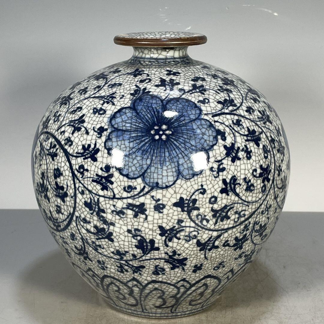 精品老瓷器专场 官字款开片青花花卉图纹花瓶摆件