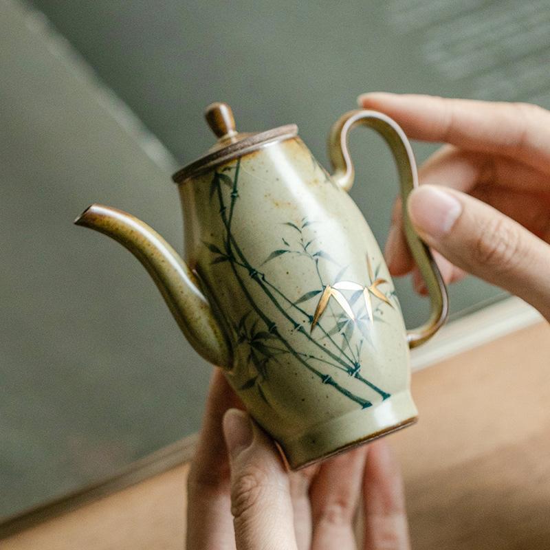 精品老瓷器专场 复古釉纯手绘青竹茶壶 10.5*10.6