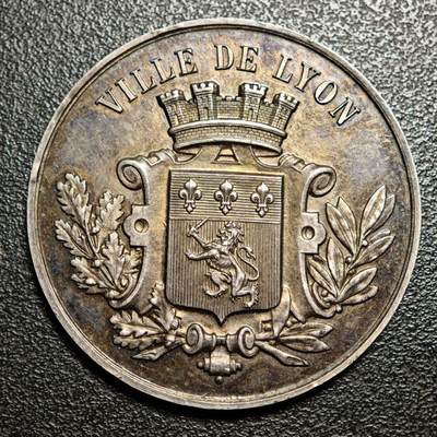 【德藏】世界币章拍卖第148期（拍品征集中~欢迎藏友联系） - 1894年 法国里昂协会银章 原味彩色包浆 直径约：38.6mm；重约：25.6g