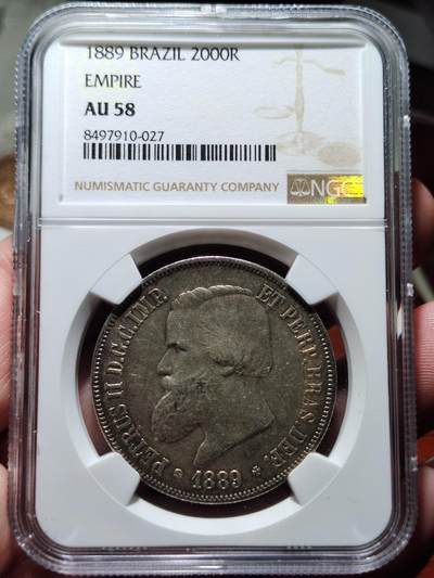 中外钱币第二场 - NGC-AU58 巴西帝国1889年2000瑞斯银币