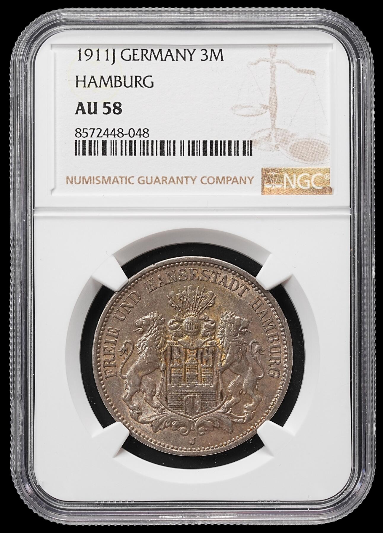修遠堂世界钱币第八十六期 NGC AU58 1911年汉堡3马克银币