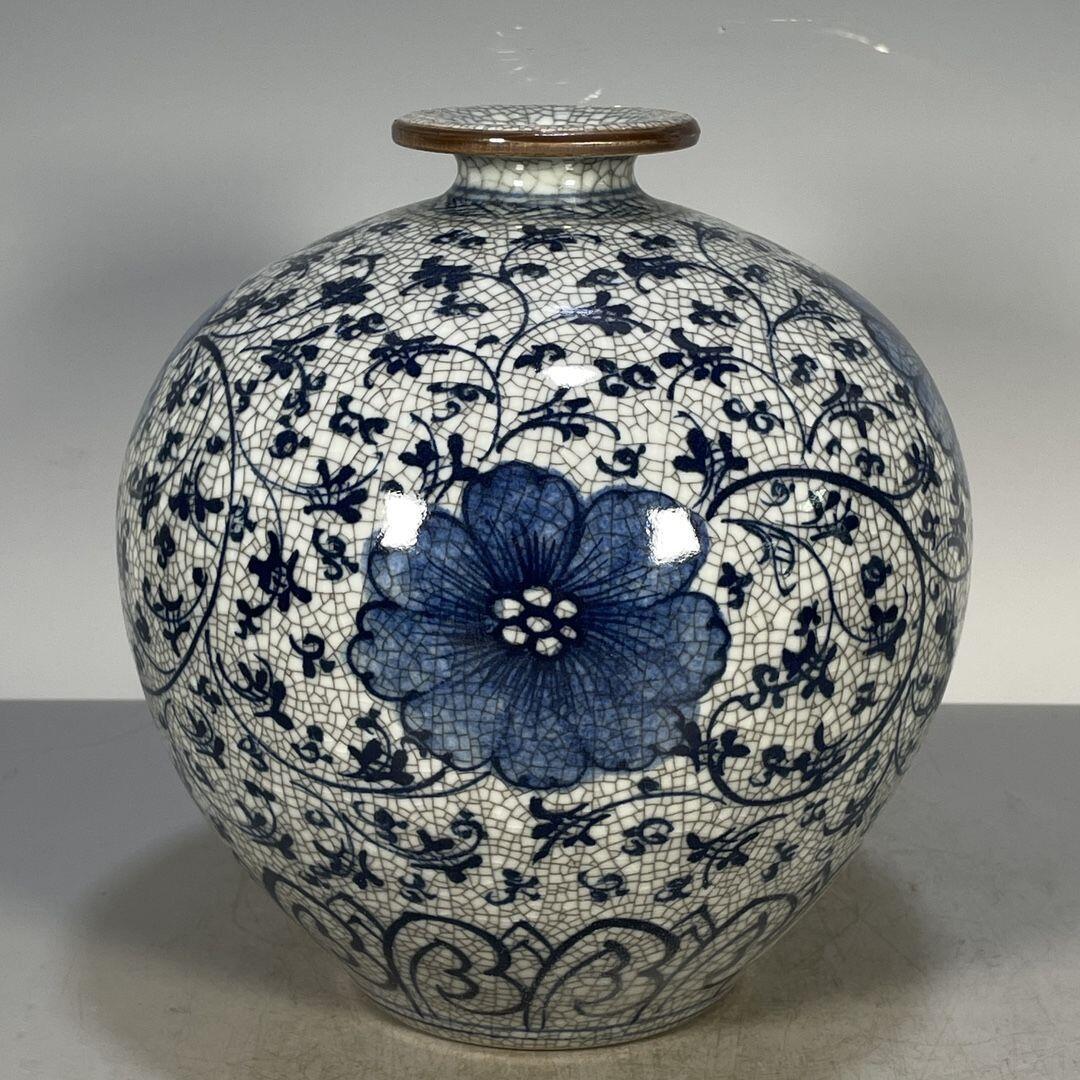 精品老瓷器专场 官字款开片青花花卉图纹花瓶摆件