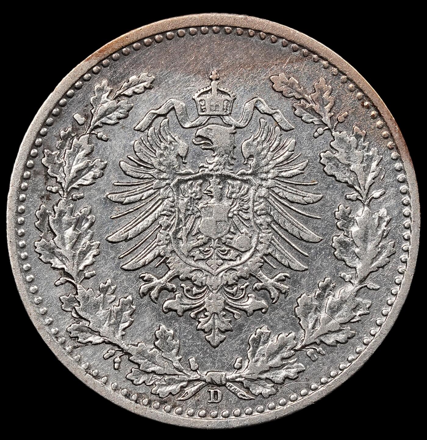 修遠堂世界钱币第八十六期 1877年德国50芬尼银币 D厂铭